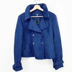 Free People Felted Wool Blend Cobalt Blue Double Breasted Short Pea Coat